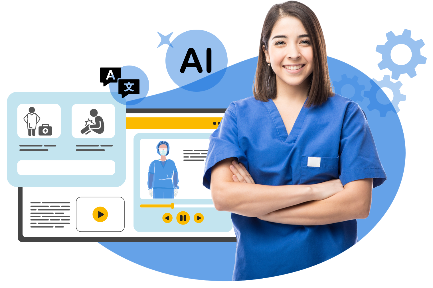 Keyvisual mit Pflegeperson und digitalen CAMPUS‑Modulen, das mehrsprachige Pflichtunterweisungen und KI‑gestütztes Lernen zeigt.